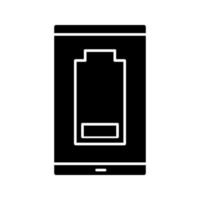 Smartphone low battery glyph icon. Discharged mobile phone. Battery level indicator. Silhouette symbol. Negative space. Vector isolated illustration