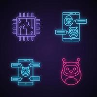 Chatbots neon light icons set. Virtual assistants. Messenger and chat bots. Processor. Modern robots. Smartphone chatterbots. Glowing signs. Vector isolated illustrations