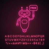 chatbot con gratis en el icono de luz de neón de burbujas de discurso. talkbot de soporte al cliente gratuito. asistente virtual. robot moderno. signo brillante con alfabeto, números y símbolos. vector ilustración aislada