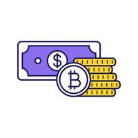 Bitcoin coins stack and dollar banknote color icon. Cryptocurrency investment. Savings. Digital money deposit. Isolated vector illustration