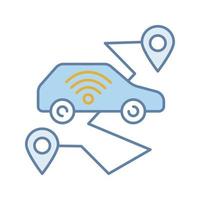 Self driving car color icon. Smart navigation. Setting pickup and drop off locations. Driverless auto route. Autonomous automobile. Isolated vector illustration