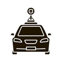 Smart car in front view glyph icon. NFC auto with roof camera and radar sensor. Silhouette symbol. Self driving automobile. Autonomous car. Negative space. Vector isolated illustration
