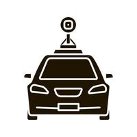 Smart car in front view glyph icon. NFC auto with roof camera and radar sensor. Silhouette symbol. Self driving automobile. Autonomous car. Negative space. Vector isolated illustration