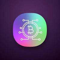 Bitcoin app icon. Virtual currency. Online banking. UI UX user interface. Bitcoin payment. Contour symbol. Microchip pathways with coin inside. Web or mobile application. Vector isolated illustration