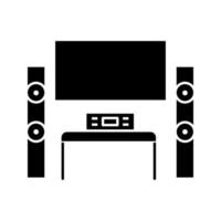 Home theater system with TV glyph icon. TV set with audio system. Home cinema. Television and loudspeakers. Household appliance. Silhouette symbol. Negative space. Vector isolated illustration