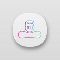 Maximum weight limit up to 100 kg app icon. Mattress weight recommendation per person of hundred kilograms. Suitable mass. Mattress and kettlebell. UI UX user interface. Vector isolated illustration