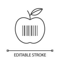 Product barcode linear icon. Apple with linear bar code. Thin line illustration. Retail, merchandise. Grocery store. Barcodes identification. Contour vector isolated outline drawing. Editable stroke