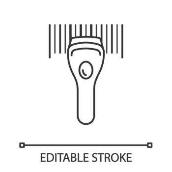 Barcode scanning linear icon. Linear barcode handheld scanner. Thin line illustration. Store, shop, supermarket. Bar code reader. Contour symbol. Vector isolated outline drawing. Editable stroke