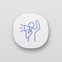 Protester app icon. Protest individual action. Breaking news. Protest speech. Man shouting slogans. Person holding megaphone. UI UX interface. Web or mobile application. Vector isolated illustration