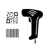 Barcode and QR code scanner glyph icon. Wifi bar codes handheld reader. QR codes barcodes reading device. Store, shop, supermarket. Silhouette symbol. Negative space. Vector isolated illustration