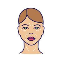 Mimic wrinkles color icon. Facial skin after thirty. Face ageing. Facial markup for cosmetic procedure. Isolated vector illustration
