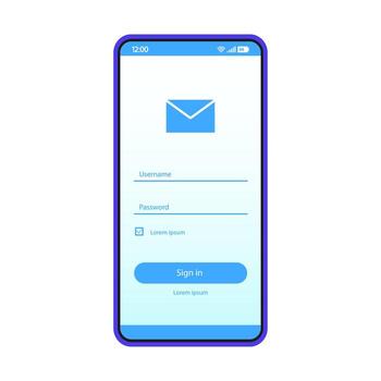 Email sign in smartphone page vector template. Mobile app interface design layout. Mail login, sign up screen. Flat UI application. User registration. Phone display with mailbox password, username