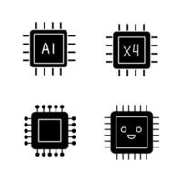 Processors glyph icons set. Chip, integrated circuit for ai system, smiling microprocessor, quad core processor. Silhouette symbols. Vector isolated illustration