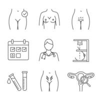 Gynecology linear icons set. Calendar, nipple discharge, lab test, genital rash, doctor, mammography, exam, menstrual pain, women's health. Isolated vector outline illustrations. Editable stroke