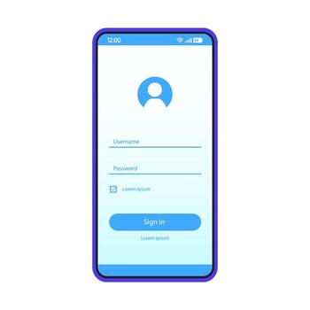 Sign in smartphone page vector template. Mobile app interface blue design layout. Login, sign up screen. Flat UI application. User registration, authorization. Phone display with password and username