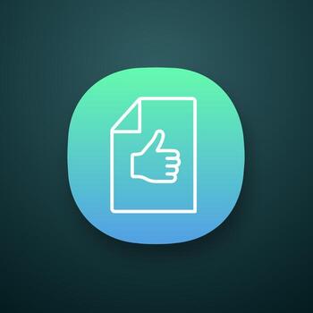 Approval document app icon. Best mark. Excellent review. Approval and like sign. UI UX user interface. Mobile application. Customer review. Paper sheet with thumbs up. Vector isolated illustration