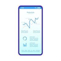 plantilla de vector de interfaz de tablero de teléfono inteligente. diseño de diseño azul de la página de productividad móvil. pantalla de estadísticas. aplicación plana ui. aplicación de análisis de datos. pantalla del teléfono con diagrama de análisis