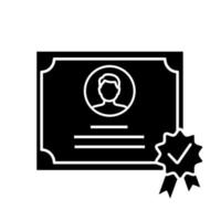 icono de glifo de certificado. diploma. titulación, certificado de grado. otorgar. licencia. símbolo de silueta. espacio negativo. vector ilustración aislada