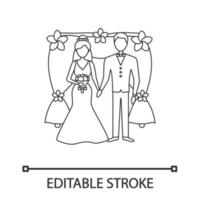 Bride and bridegroom linear icon. Wedding arch photozone.Thin line illustration. Newlywed. Just married couple. Fiance, fiancee. Wedding agency. Contour vector isolated drawing. Editable stroke