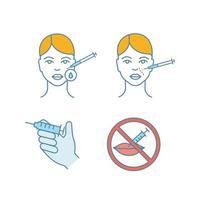 Neurotoxin injection color icons set. Makeup removal, syringe, cosmetologic procedure prohibition, nasolabial folds injection. Isolated vector illustrations