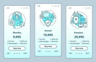 Antivirus subscription onboarding mobile app screens with service prices. Walkthrough website pages templates. Anti virus software tariff plans steps. Smartphone payment web page layout vector