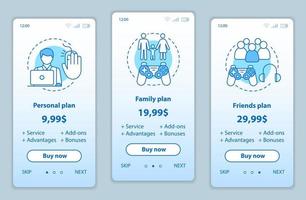 pantallas de aplicaciones móviles integradas de entretenimiento con precios de servicio. plantillas de páginas de sitios web de recorridos. paga para jugar. planes de tarifas de video, juegos de computadora. suscripción, diseño de página web de pago de membresía vector