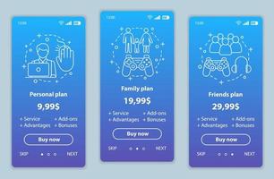 Entertainment onboarding mobile app screens with service prices. Walkthrough website pages templates. Pay to play. Video, computer games tariff plans. Subscription, membership payment web page layout vector