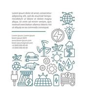 Plantilla de vector de página de artículo de energía ecológica. Tecnología verde. energía alternativa. folleto, revista, diseño de folletos con iconos lineales y cuadros de texto. energía limpia. ilustraciones de concepto con espacio de texto