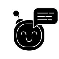 Chatbot message glyph icon. Talkbot. Circle head laughing chat bot. Modern robot. Virtual assistant. Conversational agent. Silhouette symbol. Negative space. Vector isolated illustration