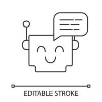 Chatbot message linear icon. Thin line illustration. Talkbot. Modern robot. Square head laughing chat bot. Virtual assistant. Conversational agent. Contour vector isolated drawing. Editable stroke