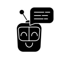 Chatbot message glyph icon. Talkbot. Modern robot. Square head laughing chat bot. Virtual assistant. Conversational agent. Silhouette symbol. Negative space. Vector isolated illustration