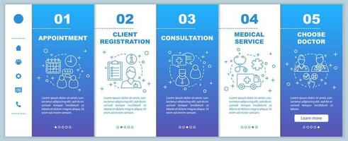 Medical service onboarding mobile web pages vector template. Private clinic. Responsive smartphone website interface idea with linear illustrations. Webpage walkthrough step screens. Color concept