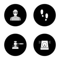 Police glyph icons set. Robber, footprints, gavel, alarm. Vector white silhouettes illustrations in black circles