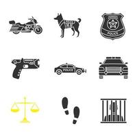 conjunto de iconos de glifo de policía. moto, perro militar, placa de policía, taser, coches, balanza de justicia, huellas, preso. símbolos de silueta. vector ilustración aislada