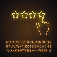 Five star rating neon light icon. Customer excellent review and feedback. High ranking. Client satisfaction. Glowing sign with alphabet, numbers and symbols. Vector isolated illustration