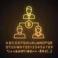 Icono de luz de neón de transacciones de bitcoin. bancario. operaciones financieras en criptomonedas. inversores. cooperación financiera. sociedad Anónima. alfabeto brillante, números. vector ilustración aislada