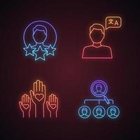 Resume neon light icons set. Professional experience, language skill, volunteering, headhunting. Glowing signs. Vector isolated illustrations