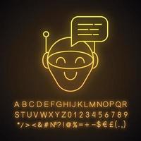 Chatbot message neon light icon. Talkbot. Modern robot. Android laughing chat bot. Virtual assistant. Conversational agent. Glowing sign with alphabet, numbers, symbols. Vector isolated illustration