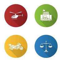 Police flat design long shadow glyph icons set. Helicopter, motorbike, justice scales, police station. Vector silhouette illustration