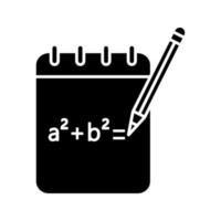 Notebook with math formula glyph icon. Rough draft. Algebra calculations. Silhouette symbol. Negative space. Vector isolated illustration