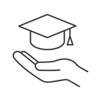 Accessible or free education linear icon. Open hand with graduation cap. Thin line illustration. Getting diploma. Contour symbol. Vector isolated outline drawing
