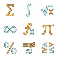 Conjunto de iconos de colores de matemáticas. símbolos matemáticos. álgebra. ilustraciones vectoriales aisladas vector