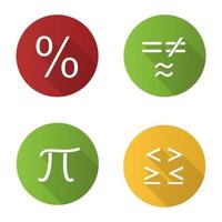 Conjunto de iconos de glifo de larga sombra de diseño plano de matemáticas. signos de pi, porcentaje, igualdad y desigualdades. ilustración de silueta de vector