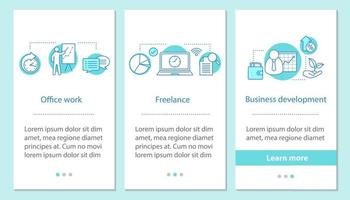 Job types onboarding mobile app page screen with linear concepts. Office work, freelance, business development steps graphic instructions. UX, UI, GUI vector template with illustrations