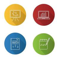 Mathematics flat linear long shadow icons set. Rough draft, math textbook, whiteboard, statistics. Vector outline illustration