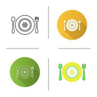 Baby plate with spoon and fork icon. Flat design, linear and color styles. Baby dishes with flower. Isolated vector illustrations