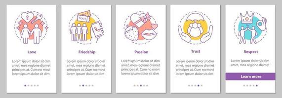 Relationships and feelings onboarding mobile app page screen with linear concepts. Love, respect, trust, passion, friendship steps graphic instructions. UX, UI, GUI vector template with illustrations