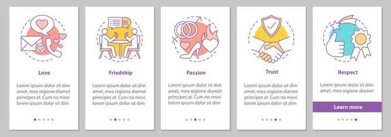 Relationships and feelings onboarding mobile app page screen with linear concepts. Love, respect, trust, passion, friendship steps graphic instructions. UX, UI, GUI vector template with illustrations