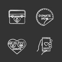 Charity chalk icons set. Organ donation, charity for pets, donate now round sticker, smartphone donation app. Isolated vector chalkboard illustrations