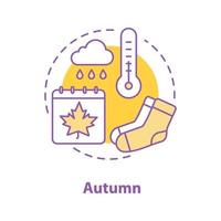 Autumn season concept icon. Rain idea thin line illustration. Thermometer, socks, calendar. Rainy weather. Vector isolated outline drawing